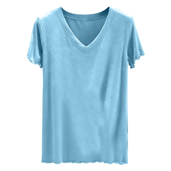 Womens Pajama Tops Loose Fit Lounge Casual Summer Short Sleeve V Neck T-shirts Soft Sleep Home Wear Solid Color (XL, Light Blue)