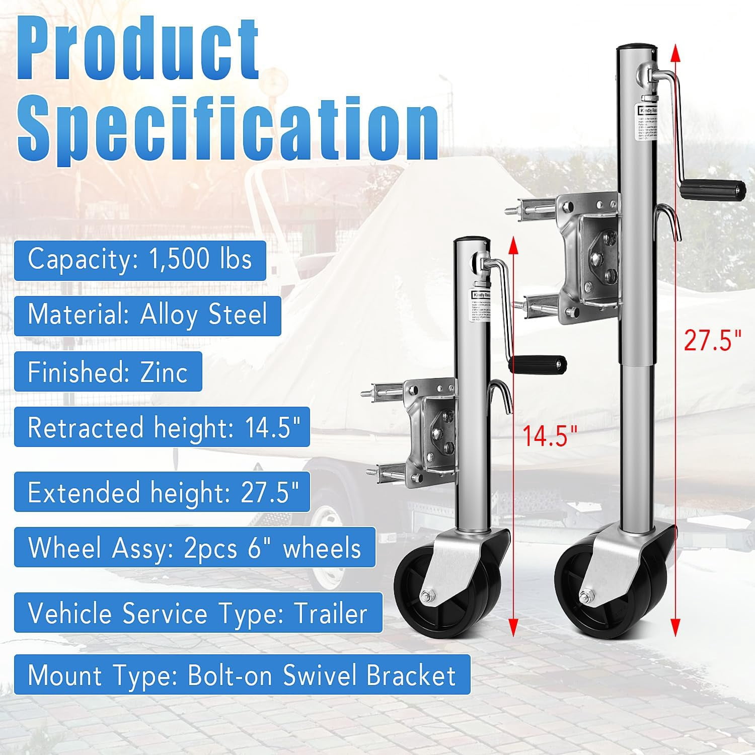Luku Heavy Duty Bolt-On Trailer Tongue Jack, 1500lbs, Dual Wheels