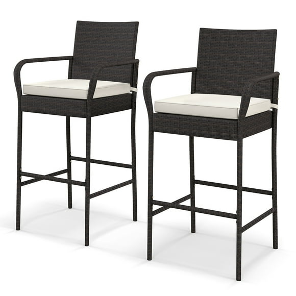 Costway 2PCS Patio PE Wicker Bar Chairs Counter Height Barstools with Armrests &Cushions