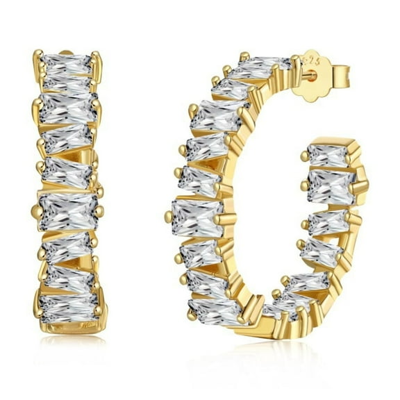 925 Sterling Silver Gold Hoop Earrings Baguette Cut 5A CZ Simulated Half Diamond Hoops Earrings for Women Hypoallergenic Comfy Wedding Earring