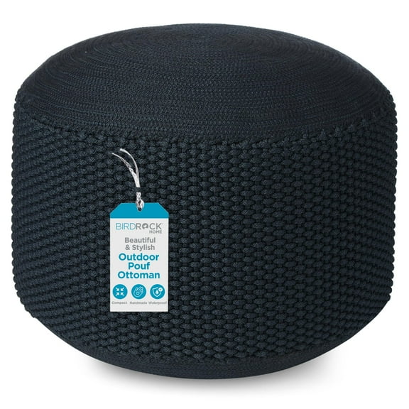BIRDROCK HOME Outdoor Pouf Ottoman | Hand Woven Waterproof Foot Stool with Bead Bag Filling | Boho Foot Rest for Patio, Living Room, Porch & Outdoor Seating | Lightweight, Soft Stuffed Chair | Navy