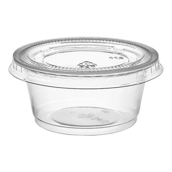 The Baker Celebrations 2 oz Plastic Portion Cups with Lids, 100 Disposable Sets for Sauces, Condiments, Dressings, Souffle & Jello Shots