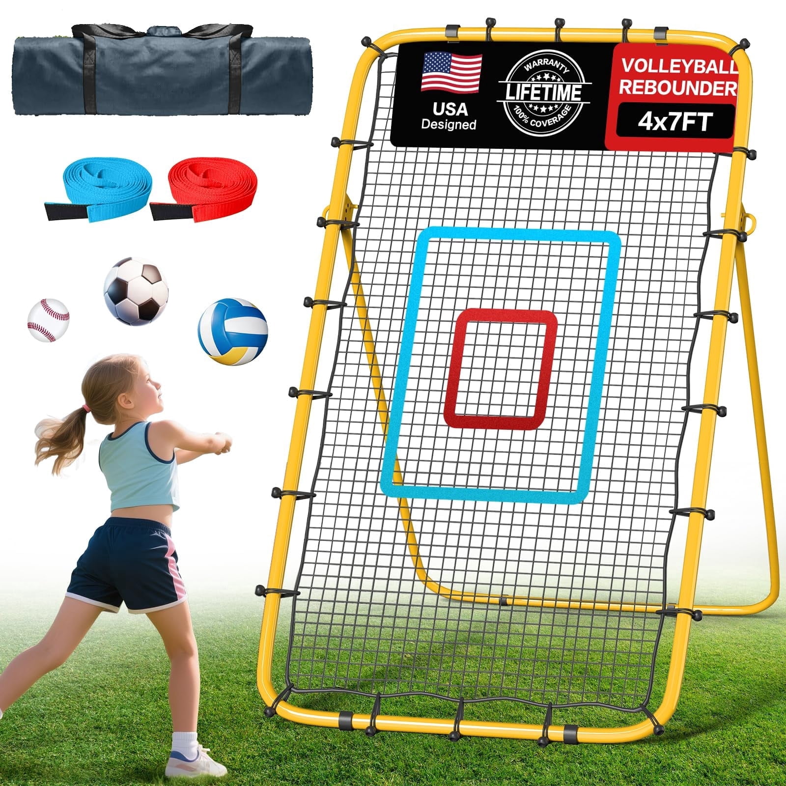 Volleyball Rebounder Net 7x4 ft, 5-Angle Adjustable Trainer for Passing, Spiking & Skills Drills, Indoor Outdoor Backyard Use
