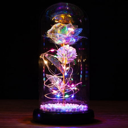 KIRIFLY Galaxy Rose Flowers Forever Enchanted Rose with Colorful LED Light in Glass Dome for Romantic Gifts on Valentine Mothers Day Anniversary(Glass Dome)