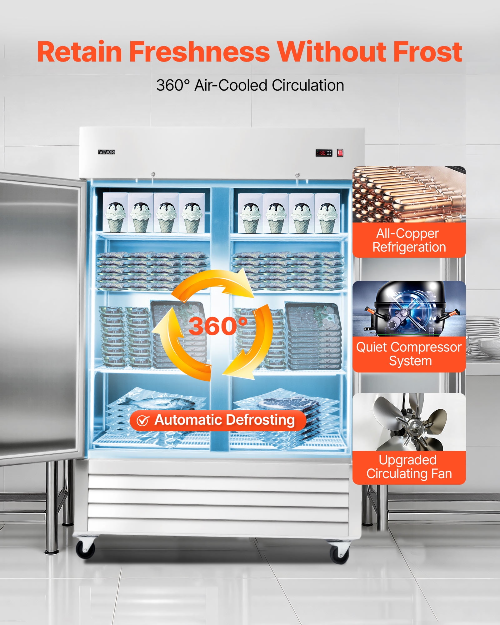 VEVOR Commercial Reach-In Freezer 54" W, 44 Cu.Ft Stainless Steel Upright Freezer with Double Doors, Auto-Defrost, 8 Adjustable Shelves, -11 to 14℉ Temp Control, ETL Certified