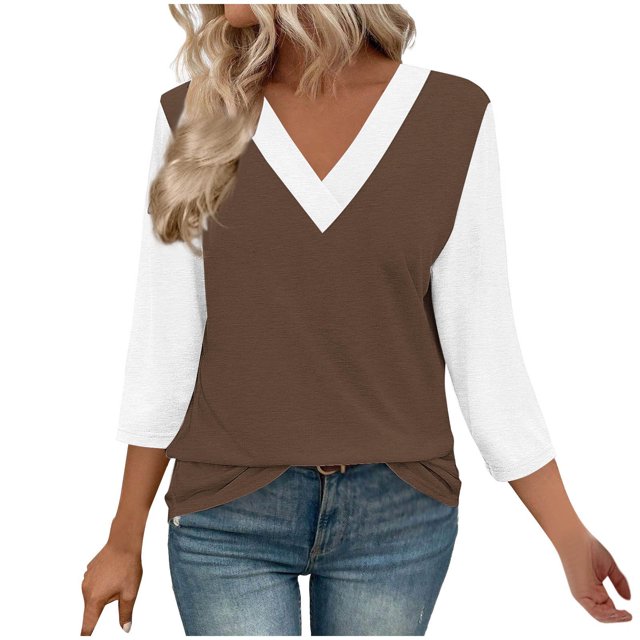 VSSSJ Tunique Décontractée Col en V 3/4 pour Femmes, Coupe Ample, Mode Confortable, T-Shirt d'Été Marron S