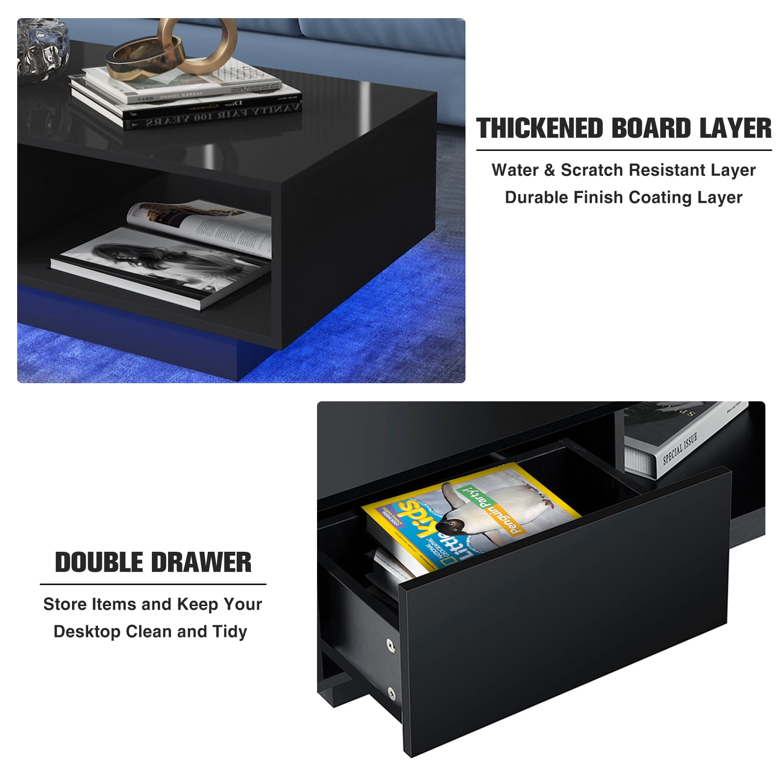 Hommpa LED Coffee Table Modern Side Tables High Gloss Black Cocktail Table with 2 Drawers Open Shelf for Living Room