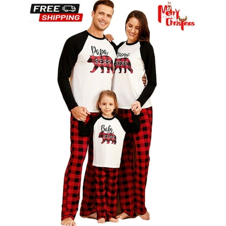 

ESASSALY Christmas Pajamas For Family Baby Bear Letter Plaid Printing Long Sleeve Sleepwear Clothes