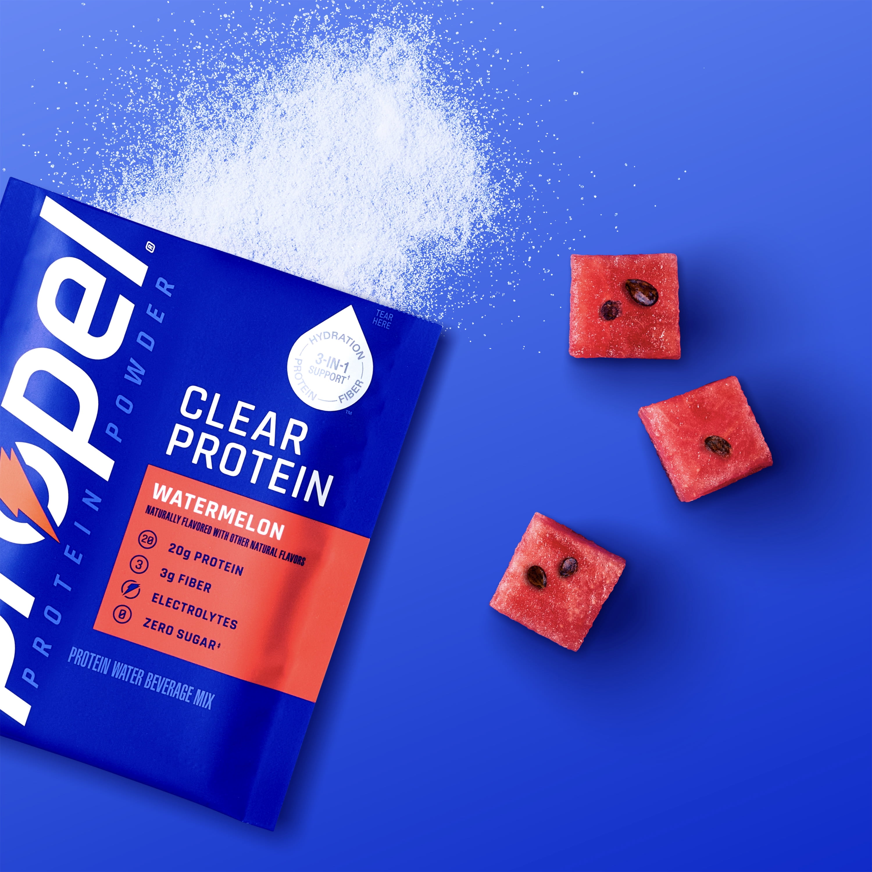 (4 pack) Propel Clear Protein Powder, Watermelon, (5 Servings), 3-in-1 GLP-1 Support: Hydration, 20g Protein, 3g Fiber, Zero Sugar, 90 Calories, No Added Colors, No Artificial Sweeteners or Flavors, 0.98 oz