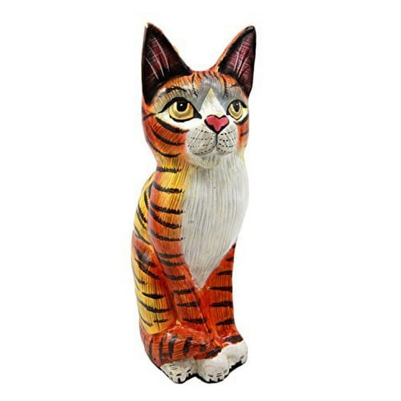 Balikraft Hand Made Wood Artisans "Kucing Harimau" Adorable Tabby Feline Cat Decorative Figurine 8"H