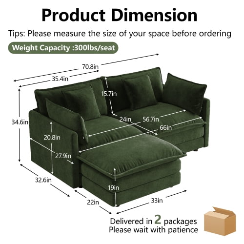 70.8" L-Shaped 2-Seater Sofa with Ottoman & 5 Pillows, Chenille Modular Sectional Couch for Small Spaces, Green