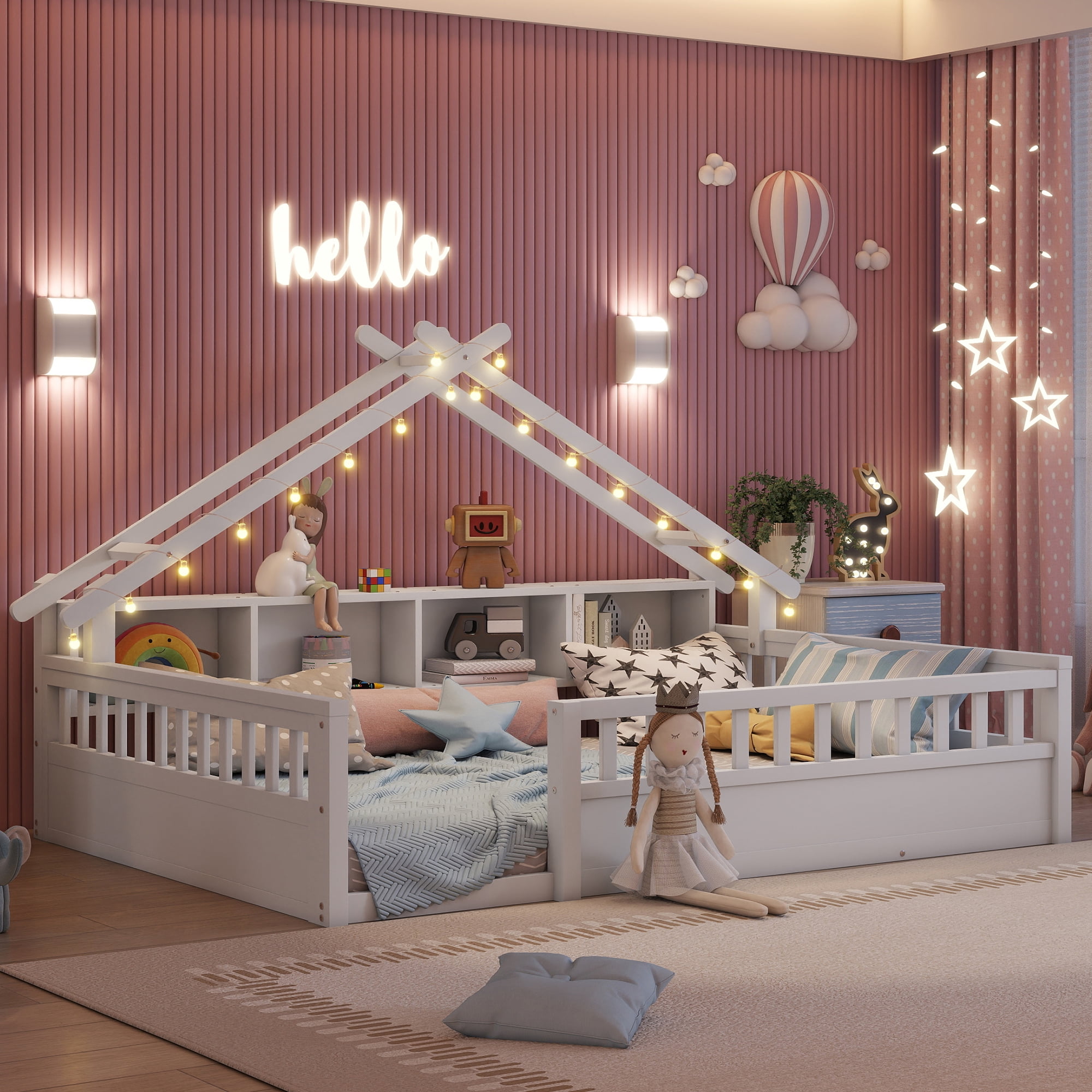 Mirightone Full Size Montessori Floor Bed with LED Light, Storage Bookcase & Safety Rail, Solid Pine Wood  House Floor Bed, No Box Spring Needed (White)