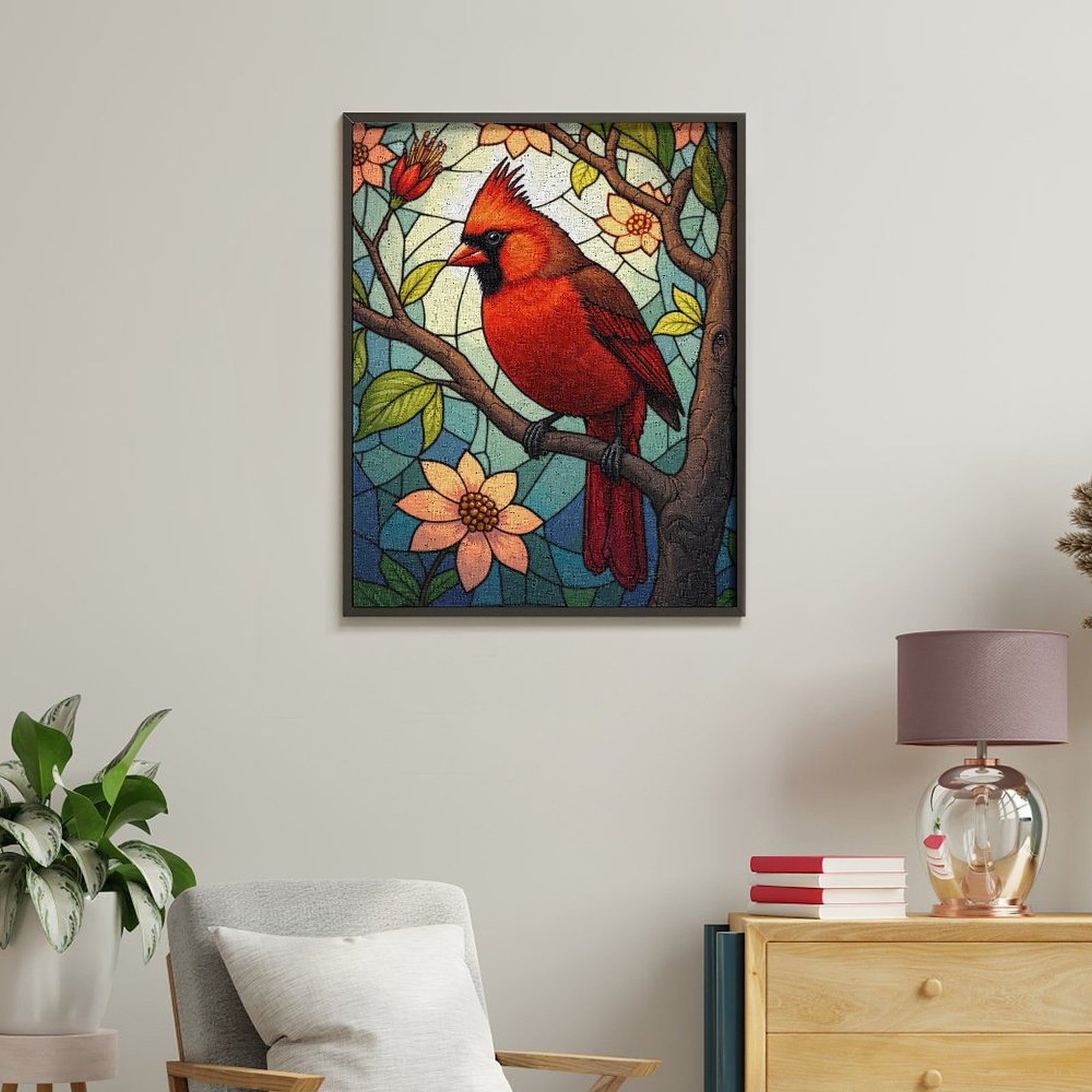 Paint By Numbers Kit for Adults Beginner - DIY Red Bird Stained Glass Art Flora Canvas Painting Kits for Adults, Frameless Paint By Number for Adults for Home Wall Decor 16x20 Inch