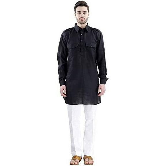 Royal Men's Cotton Blended Black Pathani Short Kurta