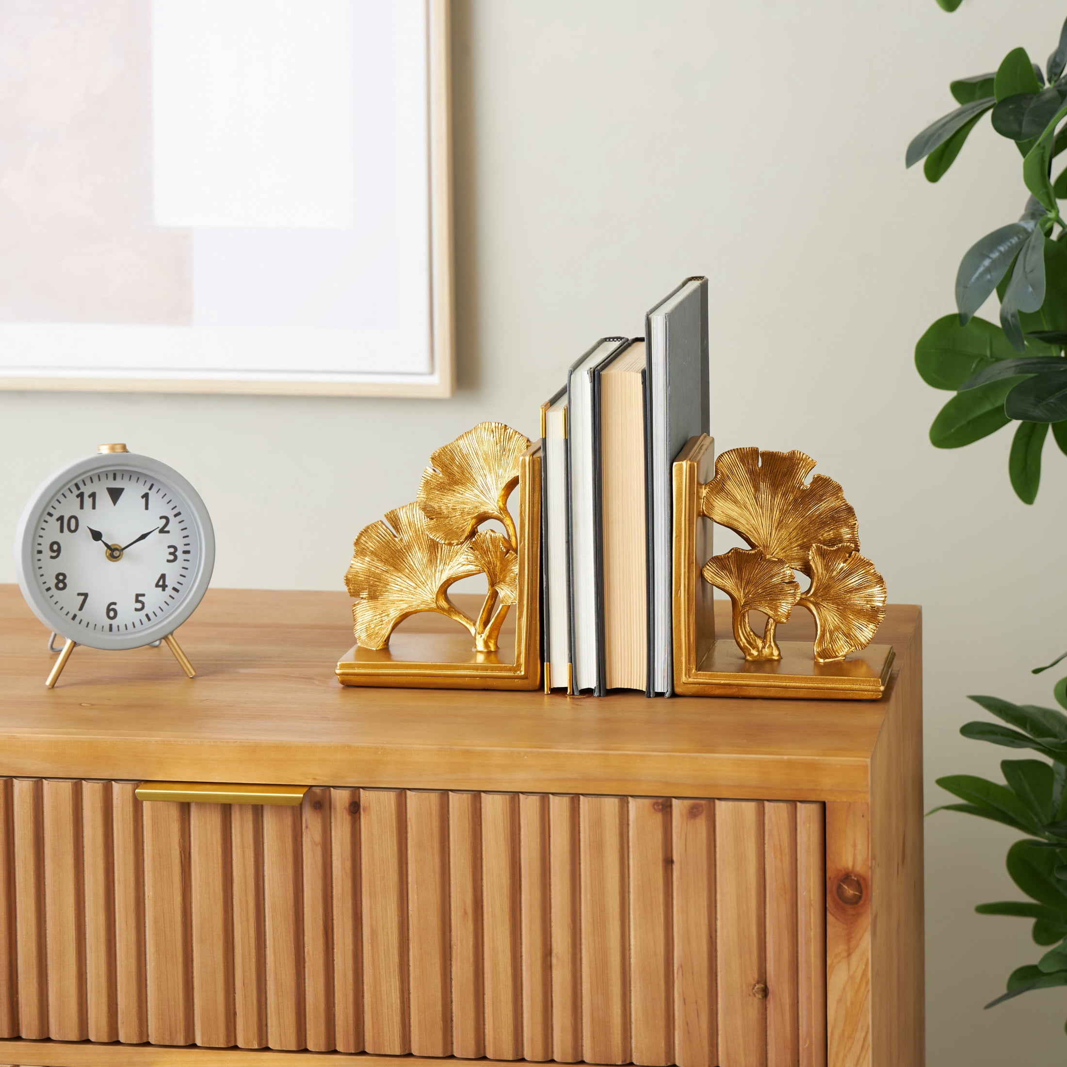DecMode 7" Ginkgo Tree Gold Polystone Bookends (Set of 2)