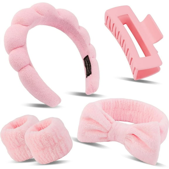 Spa Headband Wristband Set with Hair Clips – Puffy Makeup Headband for Women, Face Washing, Facial Mask, Shower Accessories, Gifts for Teen Girls