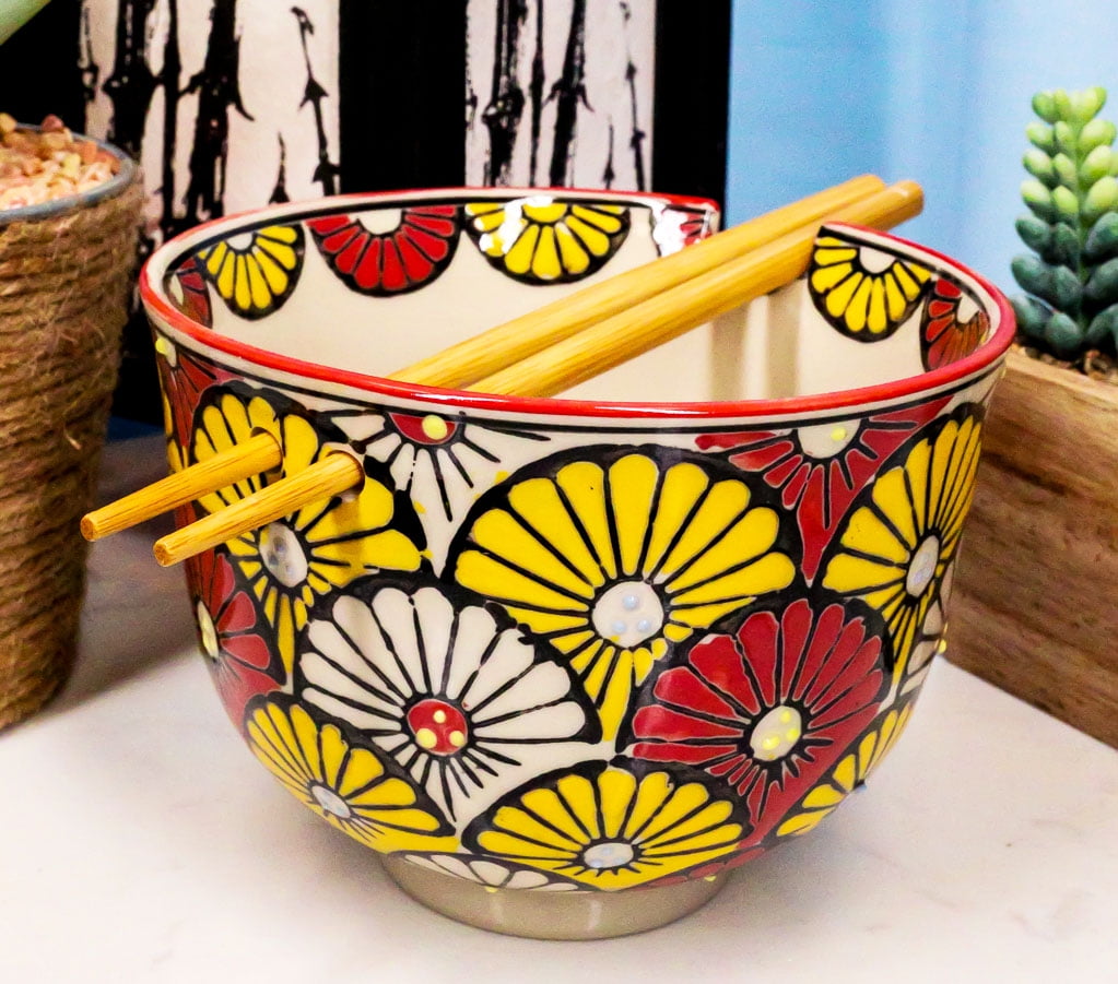 Fuji Merchandise Quality Mosaic Flower Ceramic Ramen Udon Noodle Bowl with Chopsticks Gift Set 5 Inch Diameter Fuji Merchandise Quality Mosaic Flower Ceramic Ramen Udon Noodle Bowl with Chopsticks Gift Set 5 Inch Diameter