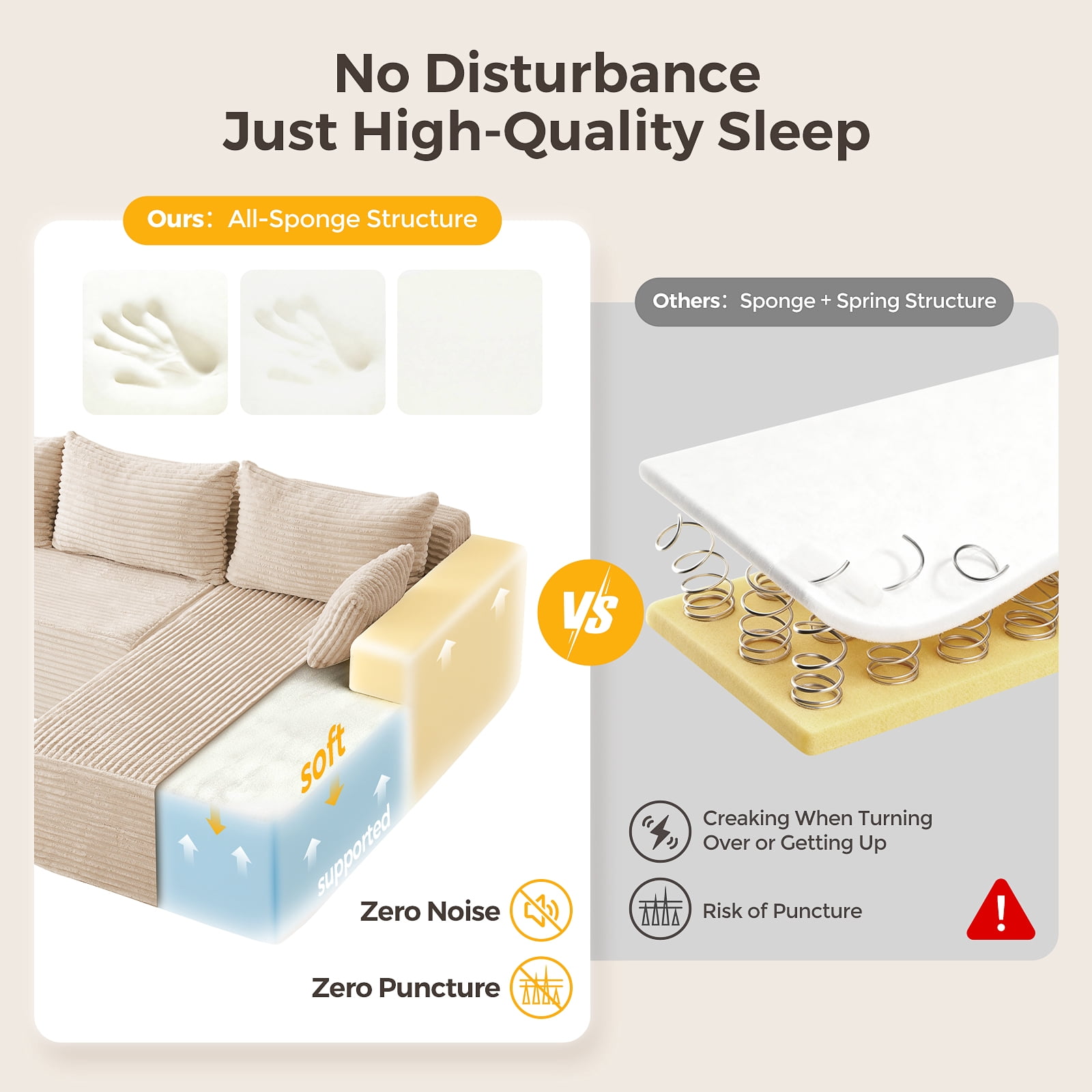 106” Sectional Couch with Chaise, Cloud Boneless Couches Flannel Plush with Deep Seat, L-Shaped Compressed Modular Sofa with Cushions for Living Room, Small Space, Beige