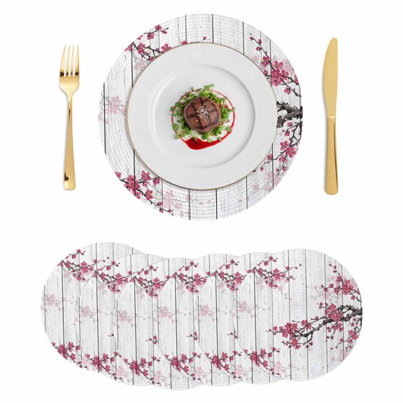 Red Cherry Round 13 Inch Placemats Set of 6, Spring Floral Branches Ink Painting Art Wood Gray HeatResistant Non Slip Place Mats for Dining Table, Wipeable Braided Kitchen Table Mats for Housewarming