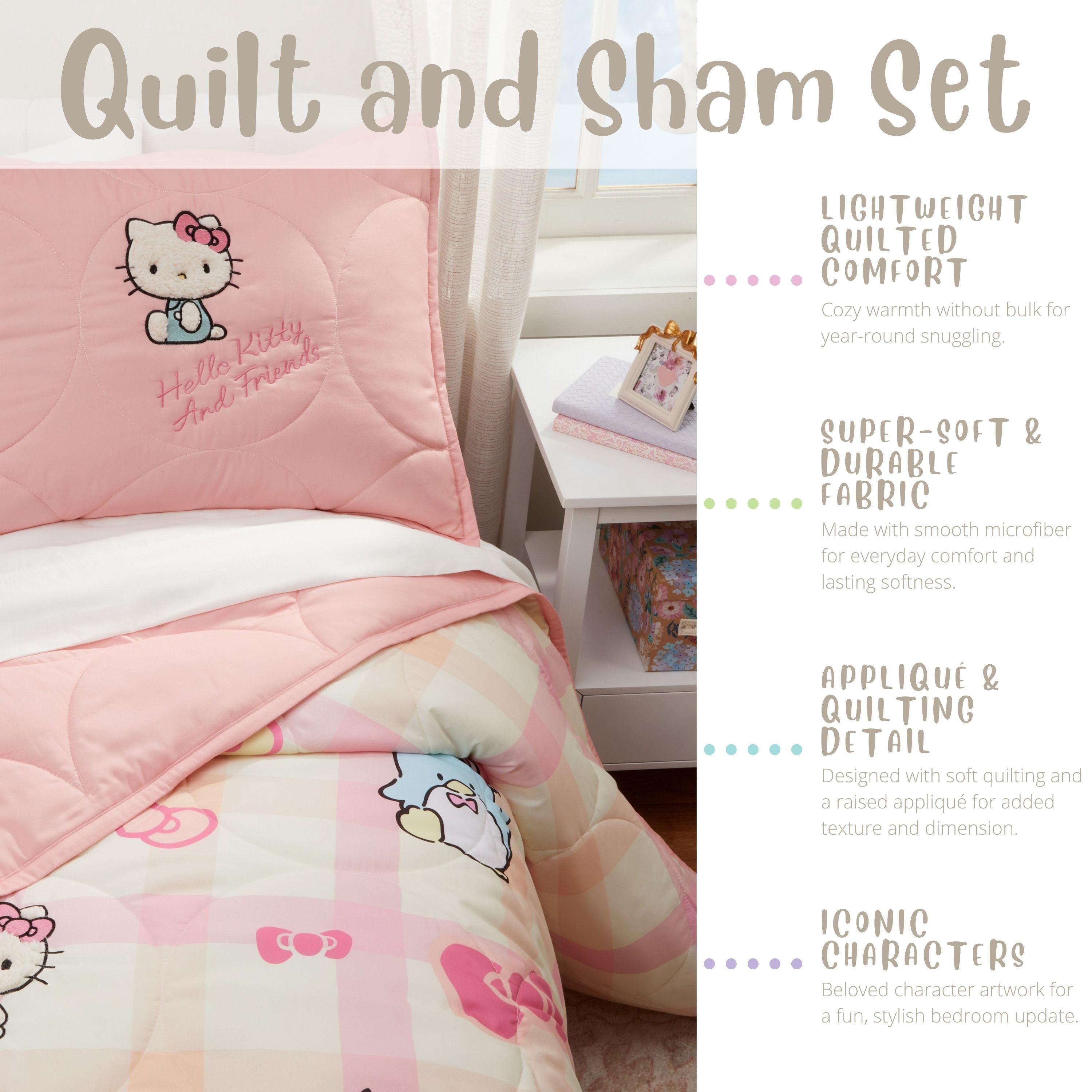 Hello Kitty and Friends Pink Plaid Quilt and Sham Set, Queen, Sanrio