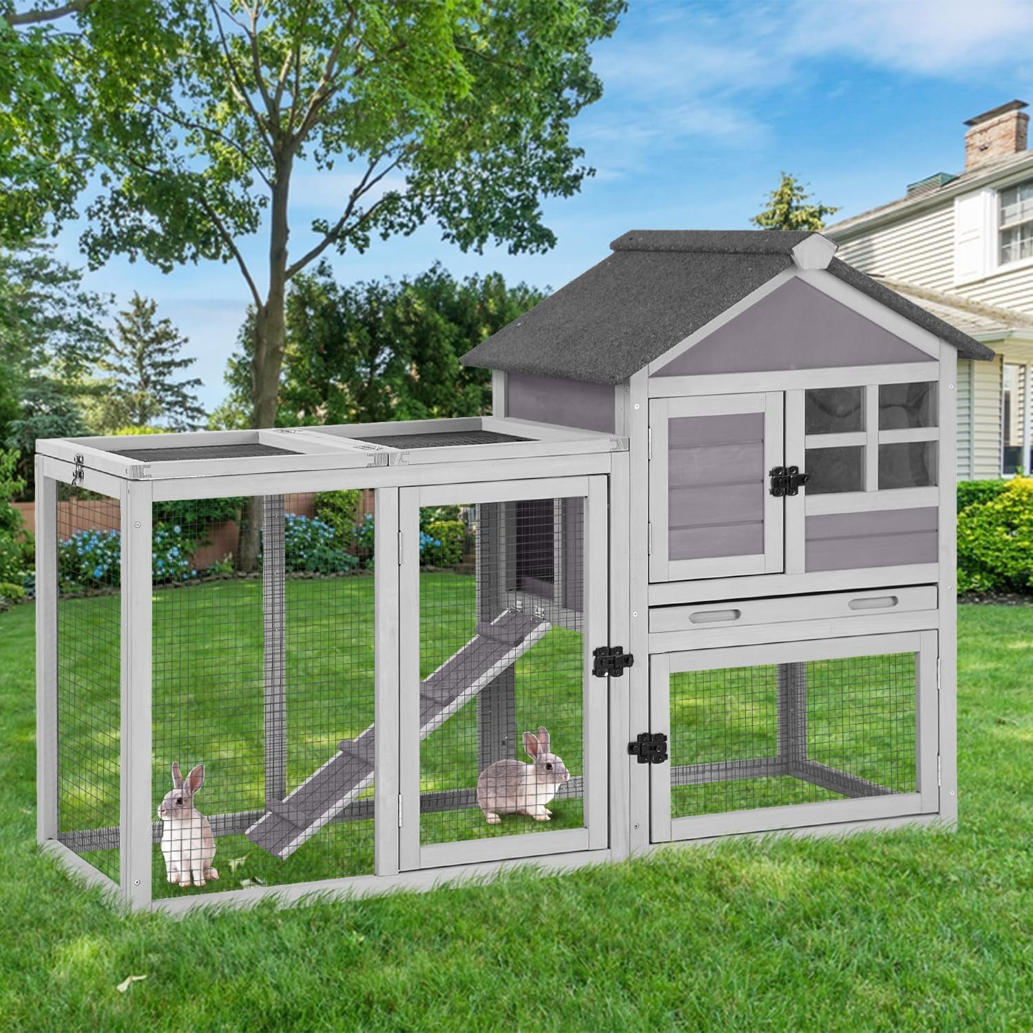 Large Rabbit Hutch Outdoor 2-Level Wooden Chicken Coop Indoor Weatherproof Bunny Cage Guinea Pig House with Waterproof Roof, Leak-Proof Pull Out Tray, Lockable Door for Small Animals (Grey)