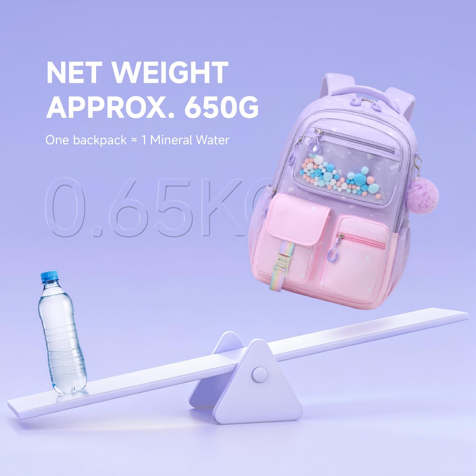 Mochila escolar para niñas de 20L para grados 1-5, ligera y ergonómica con tiras reflectantes, impermeable y con colgante lindo 4