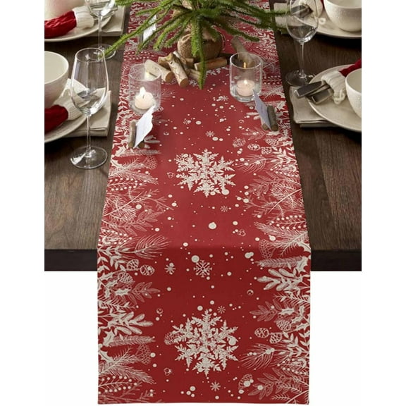Christmas Snowflake Red Table Runner 108 inches Long Pine Tree Holly Berry Waterproof Farmhouse Table Cloth Holiday Kitchen Dining Table Decoration for Indoor Outdoor Home Party Coffee Decor