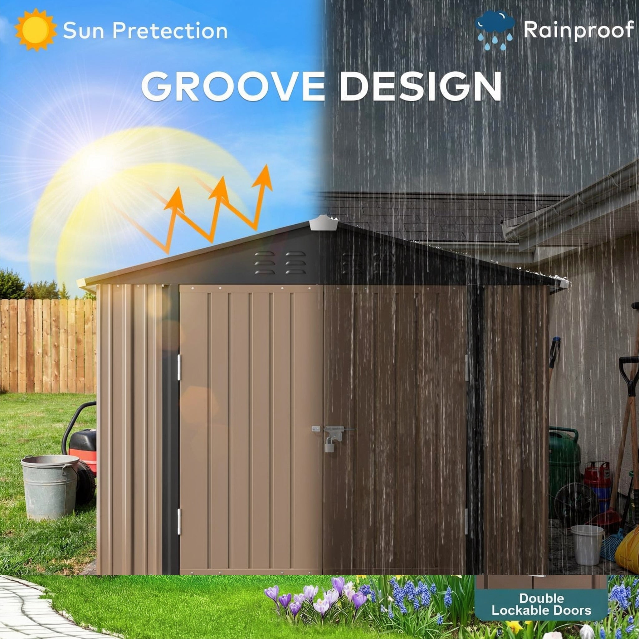 6' x 4' Outdoor Storage Shed, Weather-Resistant Iron Garden Shed with Lockable Double Doors for Backyard/Patio/Lawn, Brown