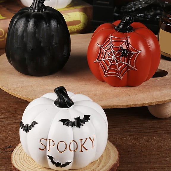 European Style White Resin Pumpkin Halloween Decoration with Black Bats & "SPOOKY" Lettering, Minimalist Fall Centerpiece for Desk, Table, Mantel, and Indoor Home Decor