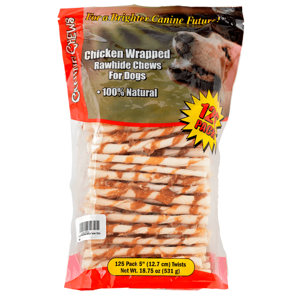 CANINE CHEWS 5" Chicken-Wrapped Rawhide Twist Stick Chews for Dogs (18.75 oz) | All-Natural Long-Lasting Dental Treats For Small Dogs (125 Pack)