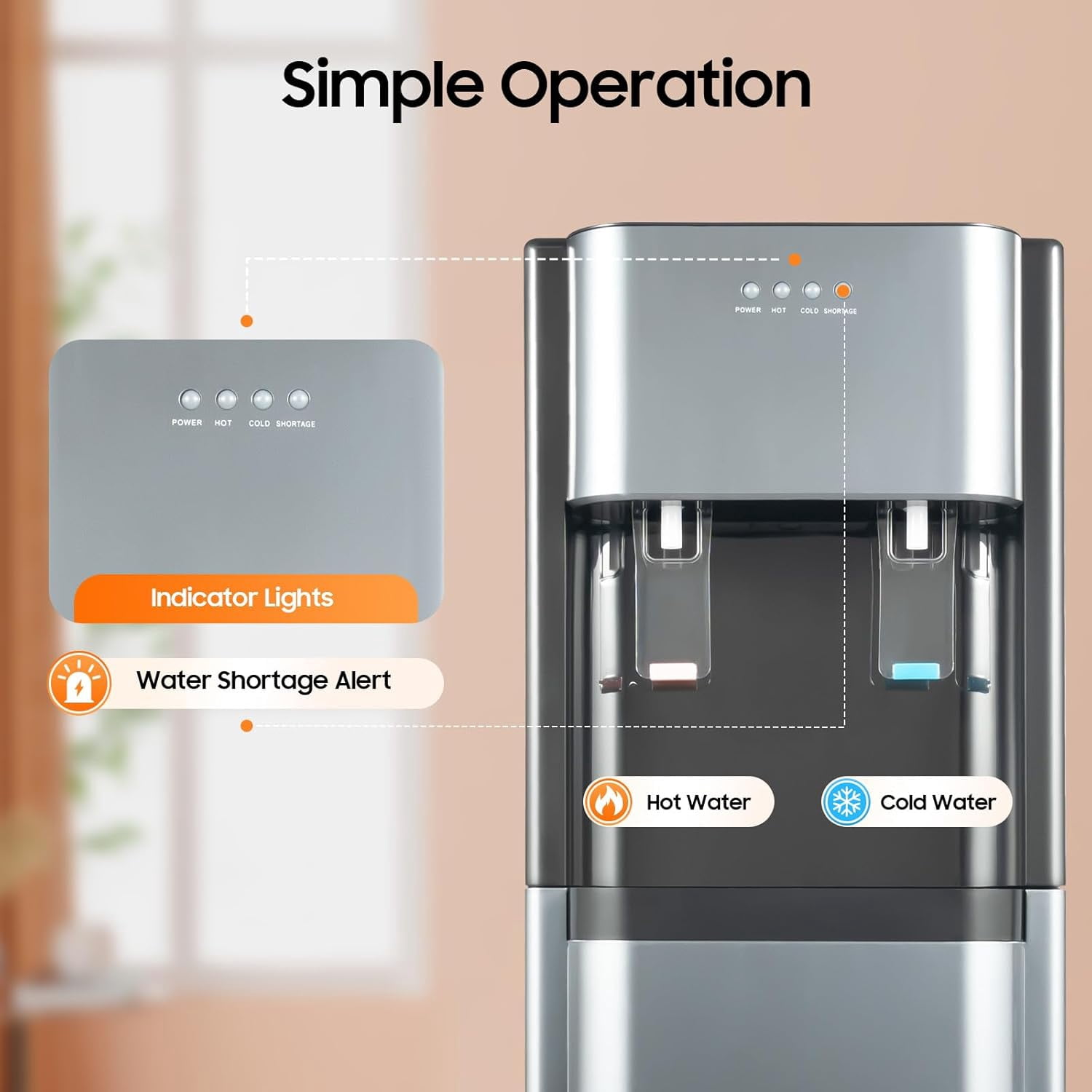 Water Cooler Dispenser, Bottom Loading Water Dispenser for 5 Gallon Bottle with Hot & Room & Cold Water, Stainless Steel Water Dispenser with Anti-Dry Burn Protection