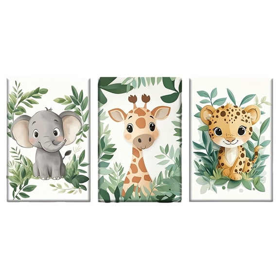 3pcs Unframed Canvas Art Set - Vibrant Jungle Animals (Elephant, Giraffe, Leopard) with Green Foliage, Perfect for Living Room, Office, or Bar Decor, Ideal Gift for Birthdays, Holidays, and Special