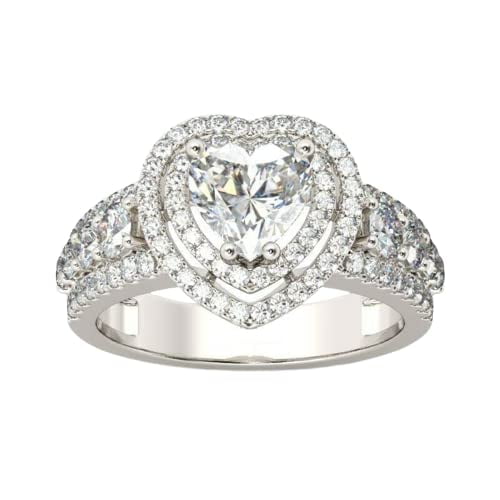 HeartsAndYou 3.5ct Heart Cut Moissanite Accents Dual Halo Engagement Ring for Women 18k White Gold over Silver
