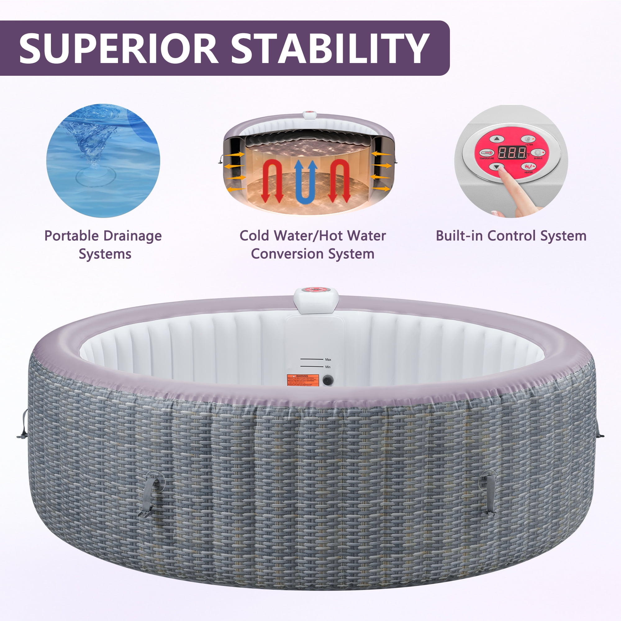Portable Inflatable Hot Tub with Built-in Heating System - 264 Gallon Capacity, Massage Jet Home Hot Tub for Teens and Adults, Rattan Pattern