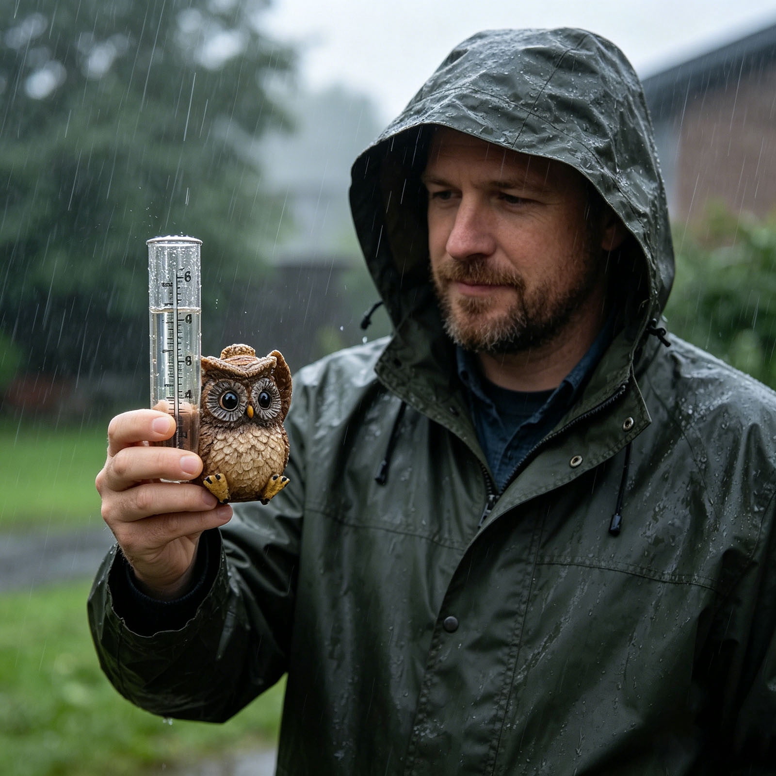 Owl Rain Gauge Garden Statue 5.3 Inch Resin Rain Gauge with Transparent Tube Weatherproof Outdoor Yard Ornament for Patio Lawn Garden