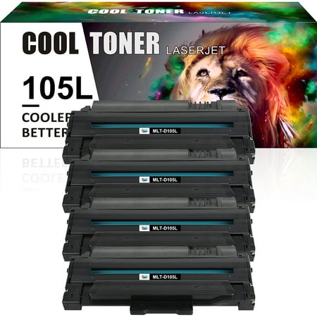 Cool Toner Compatible Toner Replacement for Samsung MLT-D105L 105L High Yield (Black  4-Pack) Cool Toner is a global online retailer  which offers aftermarket toners  inks and ribbons for all today s top brand printers including Brother  HP  Canon  Samsung  Lexmark  Xerox  OKI  Kyocera and more. Product Specification: Brand: Cool Toner Compatible Toner Cartridge Replacement for: Samsung MLT-D105L MLT-D105L Compatible Toner Cartridge Replacement for Printer: Samsung ML-1910/1911/1915/2525/2545/2525W/2526/2580N/2581N/2540R  SCX-4600/4601/4623F/4623FW  SF-650/650P/651P Pack of Items: 4-Pack Ink Color: 4 * Black Page Yield (based upon a 5% coverage of A4 paper): 4*2 500 Pages Cartridge Approx.Weight : 6.26 Pounds Cartridge Dimensions (Per Pack): 12.2 x 3.35 x 6.5 Inches Package Including: 4-Pack Toner Cartridge