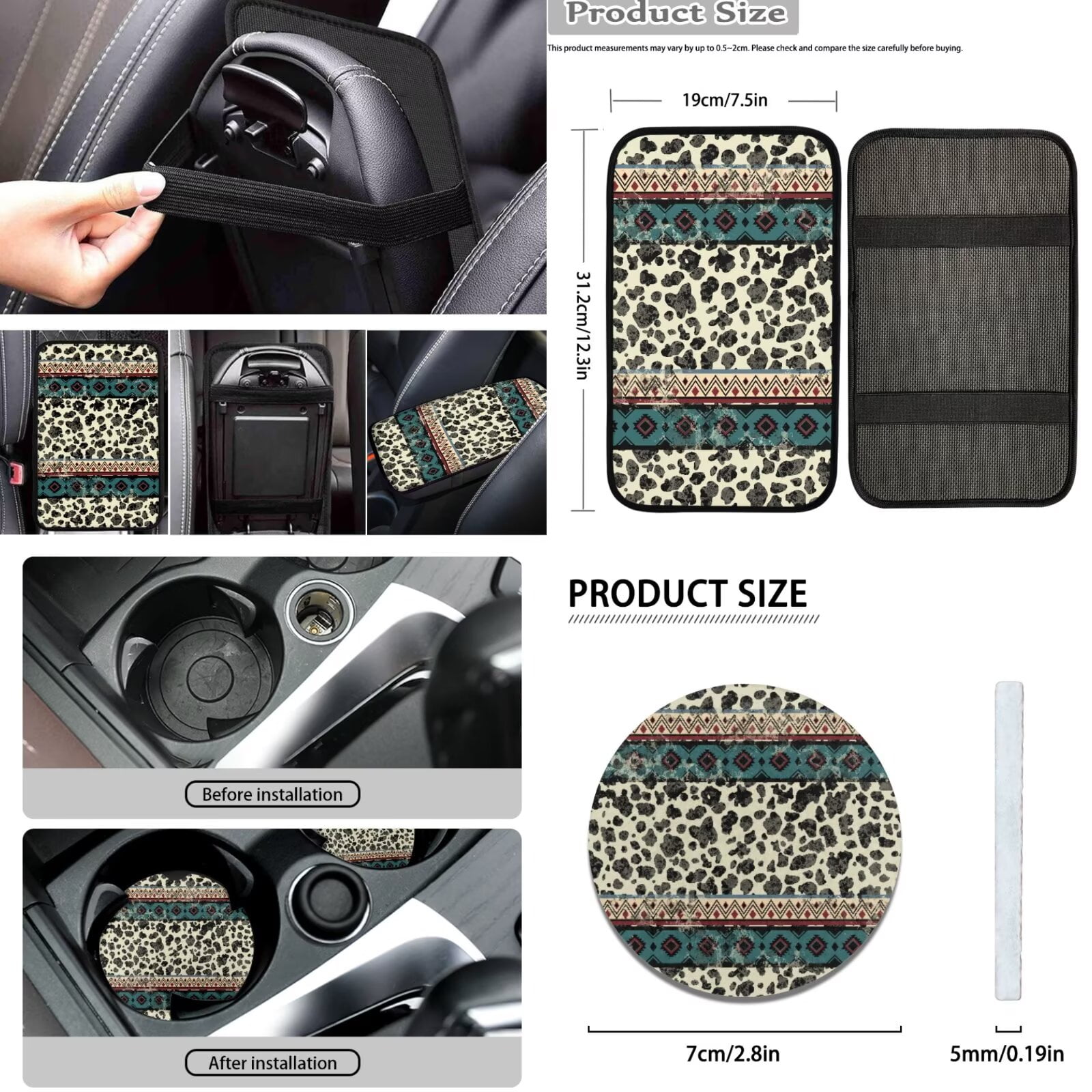 FKELYI American Tribal Cow Print 16 Pcs Auto Interior Set Car Seat Covers with Steering Cover Seat Belt Pads Armrest Pad Coasters Headrest Protector Handbrake Covers Gear Shift Knob Sleeve