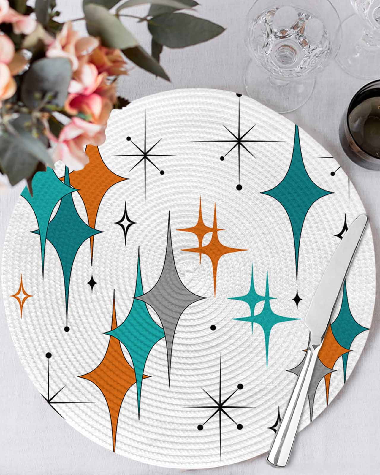 Mid Century Modern Round Table Placemats set of 8, Turquoise Orange Grey Washable Woven Place Mats for Dining Tables Kitchen Party Decor,Heat Proof, 15in,