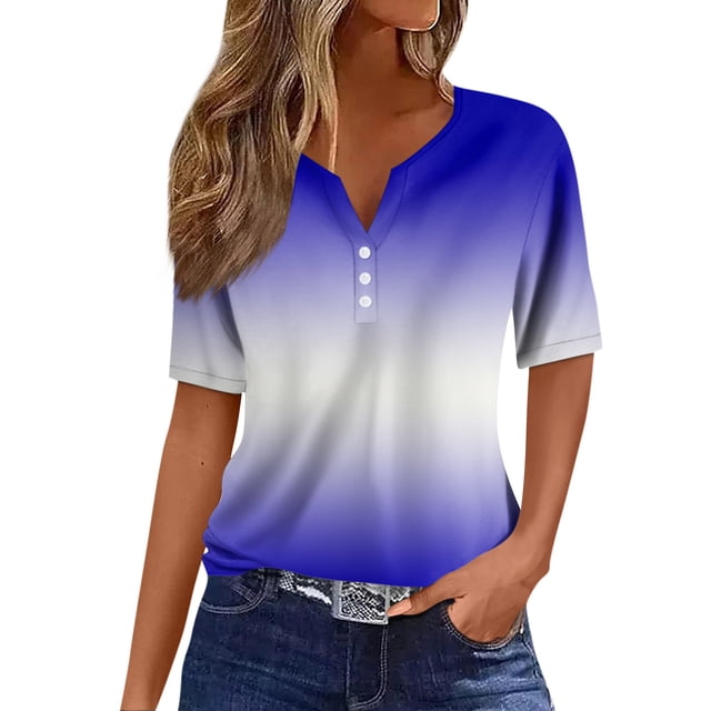 Camiseta con botones decorativos de manga corta con cuello en V degradado vintage informal a la moda para mujer Top azul oscuro/L