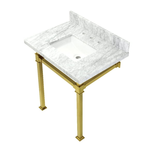 Kingston Brass KVPB30MSQ7 Monarch 30" Carrara Marble Console Sink with Stainless Steel Legs (8-Inch, 3-Hole), Carrara Marble White/Brushed Brass