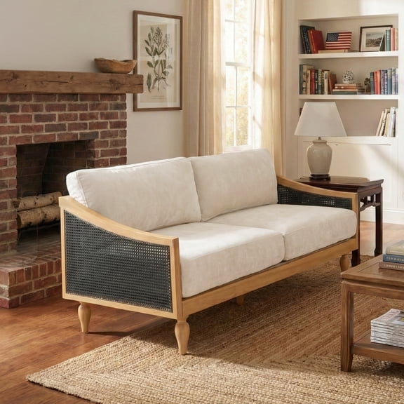 Mid-Century 3-Seater Sofa with Rattan Armrests and Wooden Legs, Chenille Fabric Couch for Living Room and Small Spaces, Black