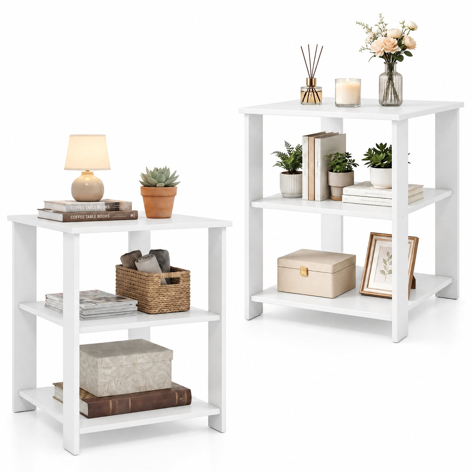 Furnibear 3 Tier Square Nightstands Set of 2 with Open Storage Shelves Bedside Side Tables for Bedroom Living Room, White