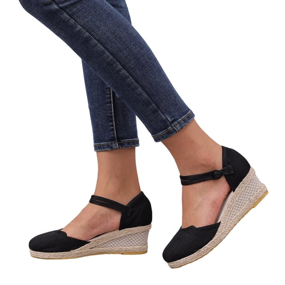 Espadrilles for Women Wedge Sandals with Ankle Strap 2026 Summer Beach Vacation Casual Comfy Closed Toe Platform Heels Black Size 7.5