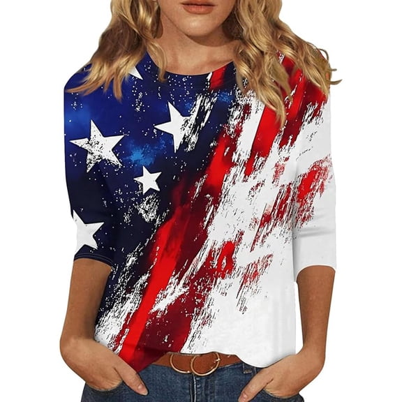 CONZONE 4Th Of July Womens Summer Tops 3/4 Sleeve Striped Star Graphic Independence Day T-Shirts For Women Crew Neck Patriotic 250Th Anniversary Womens T Shirts