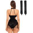 thumbnail image 2 of iiniim Women Sequin Latin Dance Outfits Sleeveless Fringed Ballroom Leotard with Gloves Salsa Tango Dancewear Black L, 2 of 7