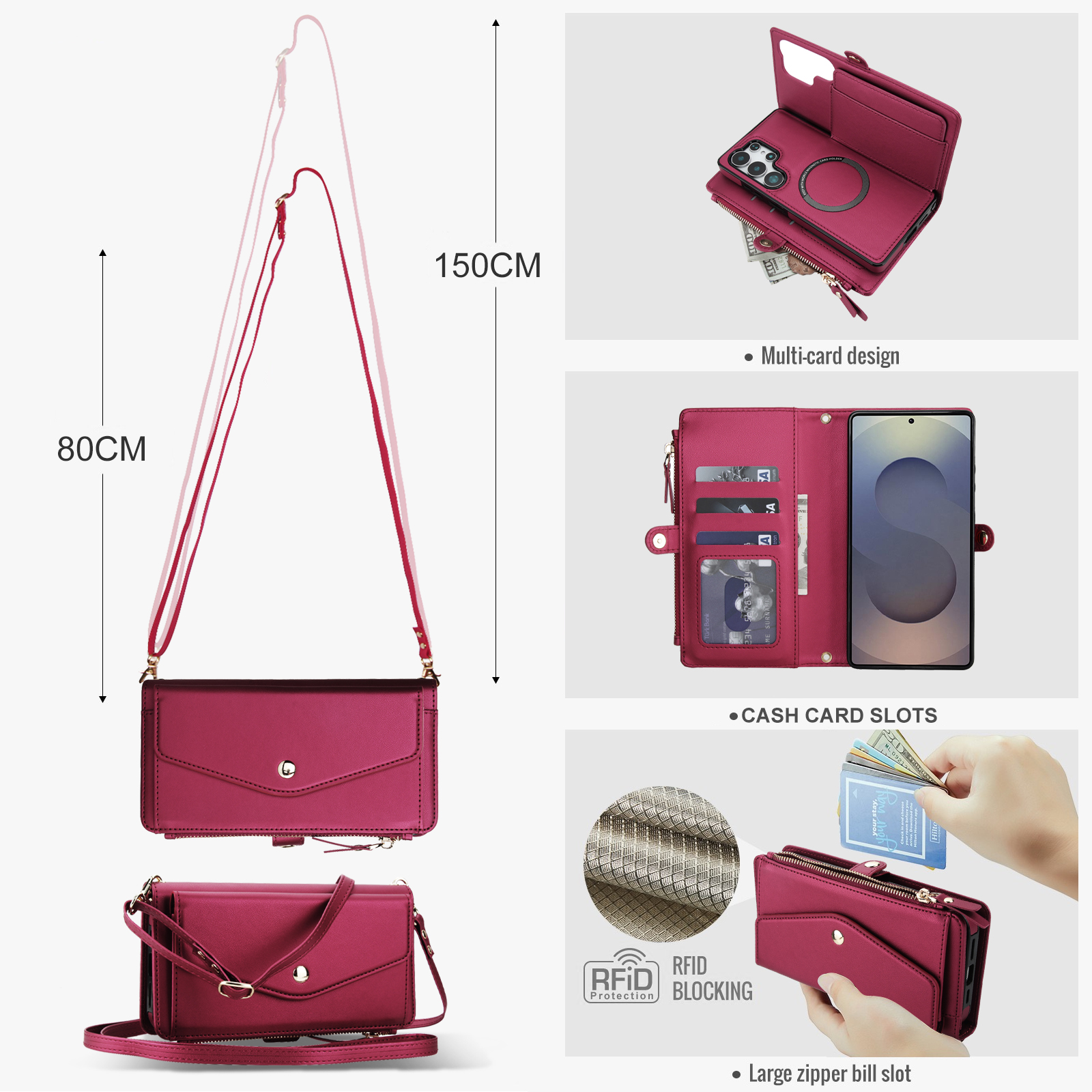 Designed for Samsung Galaxy S24 FE Multi-Function Wallet Phone Case,With Shoulder Strap&Wrist Strap,Cash Pocket&Card Slots,Zipper Purse,Magnetic Detachable PU Leather Flip Phone Case,Red
