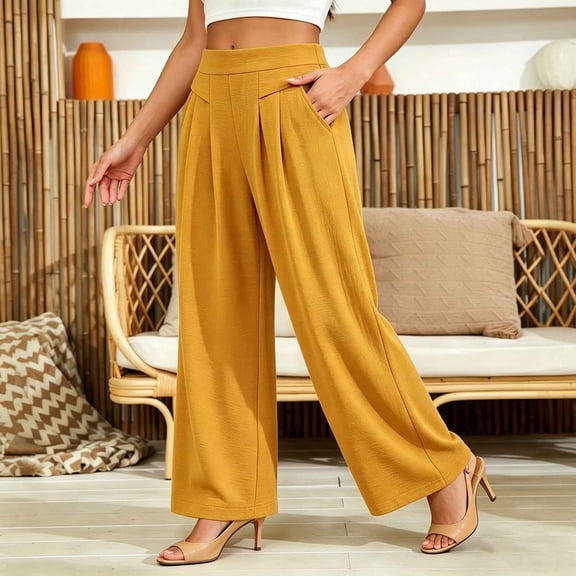Cagogo Women Plus Size Wide Leg High Waisted Trousers with Pockets Solid Casual Streetwear Long Pants Summer Beach Lounge Trousers, Yellow 3XL