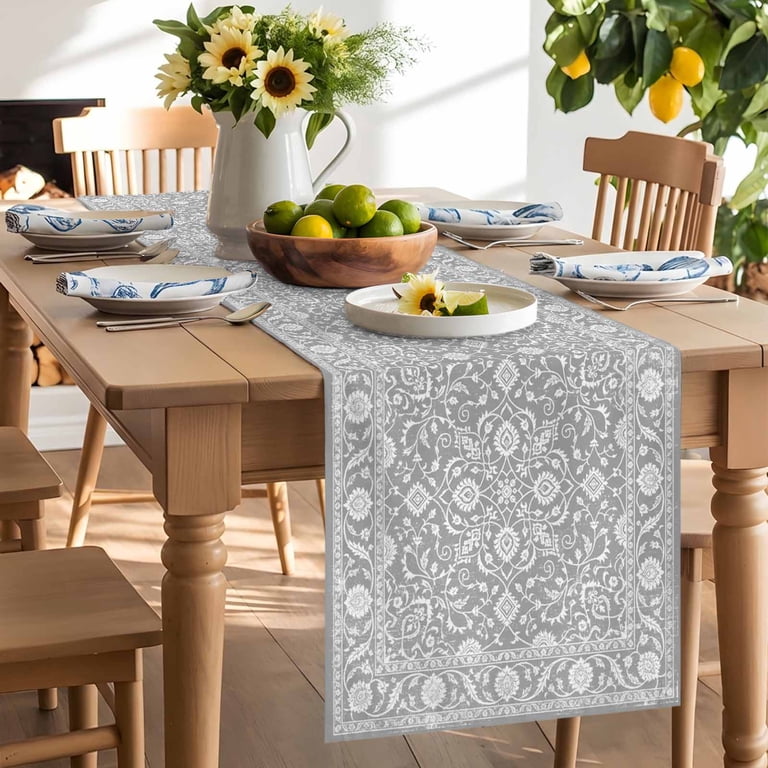 grey dresser runner Light Gray Boho Paisley Table 13x48 Inch Vintage Floral Classic Traditional Cotton Linen Dining Table Runner Ideal for Kitchen Coffee luxury satin evening gown