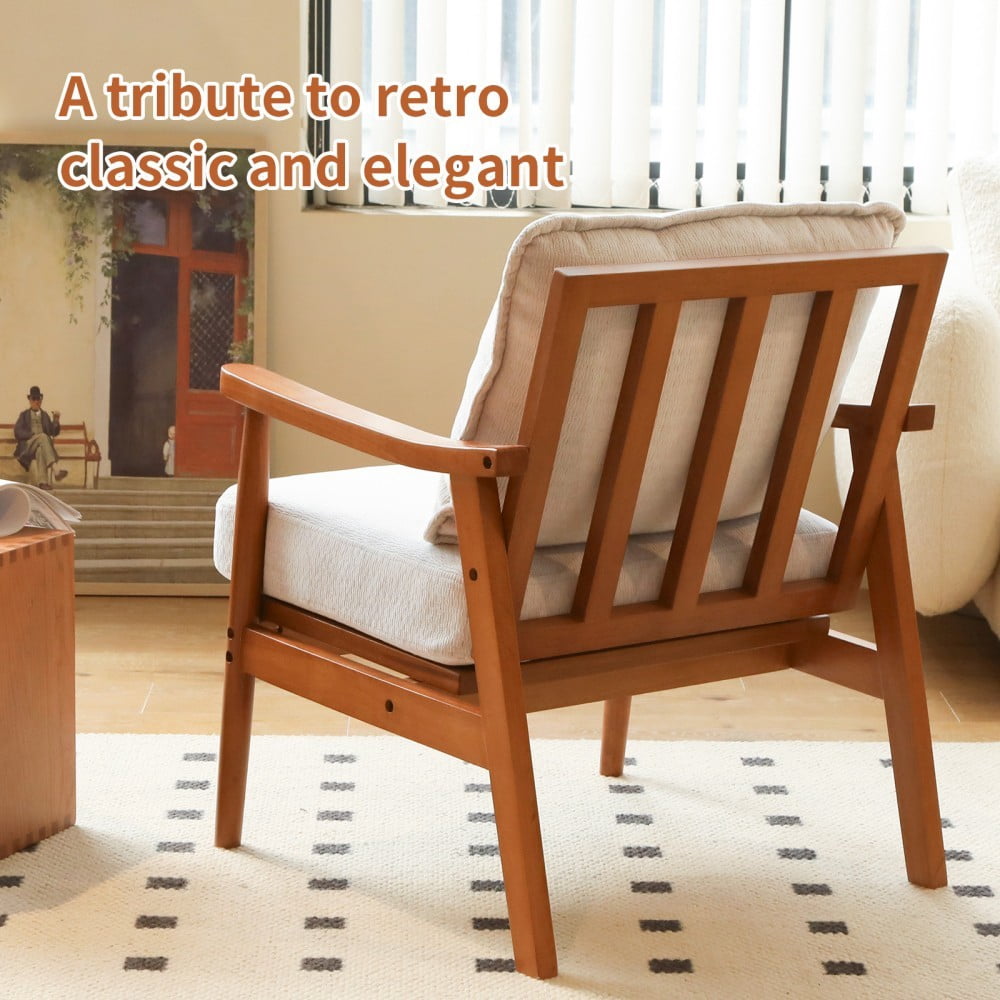 Accent Chair, Modern Upholstered Armchair with Soft Fabric Cushion & Solid Wood Legs, Cozy Reading Chair for Living Room, Bedroom & Apartment, White & Light Brown