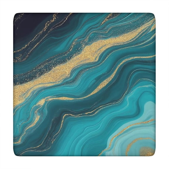 Teal Gold Wave Marble Pattern Square Fitted Tablecloth with Elastic Edge,Square Table Cover,Washable Elastic Table Cover for Home Kitchen Party Decor 34"x34"